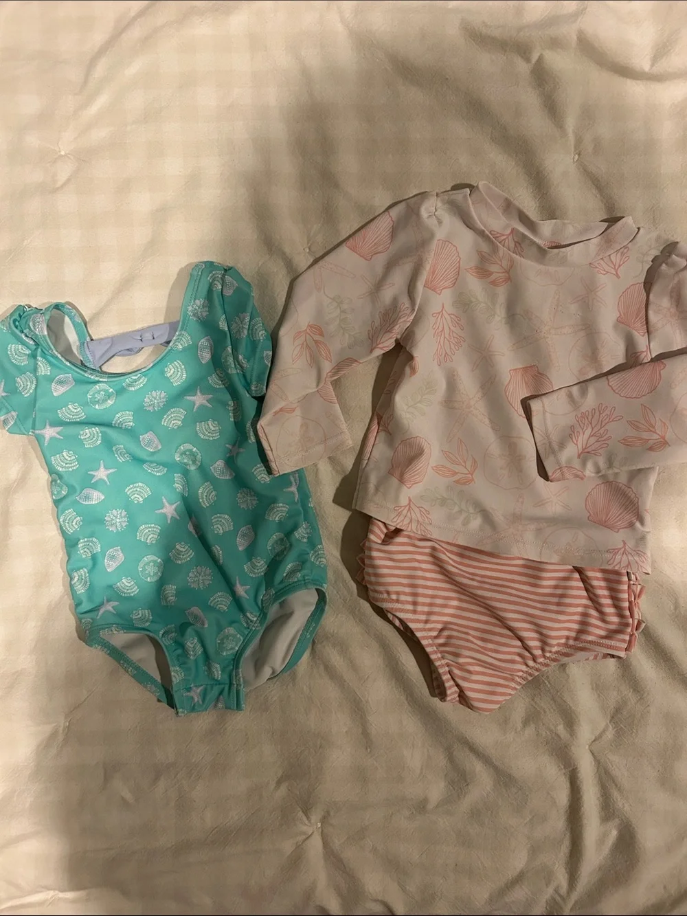 OshKosh B'gosh Teal Seashell One-Piece & Pink Striped Rashguard Set